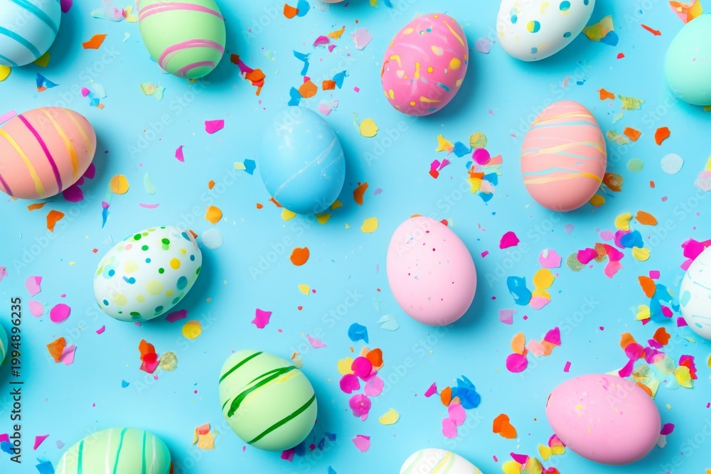 Fototapeta premium Colorful Eggs and Confetti Scattered on a Blue Background During a Spring Celebration