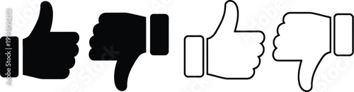 Thumb, up and thumb down icon set featuring like and dislike symbols in clean vector style ideal for user interface design, feedback systems, and social media interaction elements.