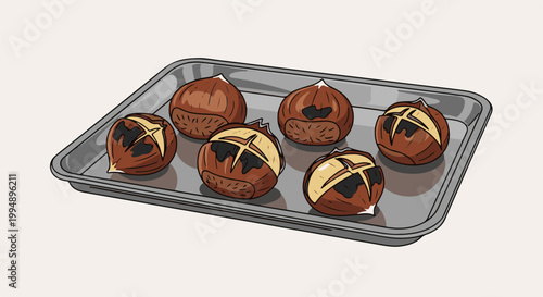 Six roasted chestnuts with cross-shaped incisions on a metal baking tray