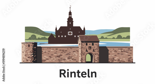 Stylized illustration of a historic walled city with a prominent clock tower and arched gateway