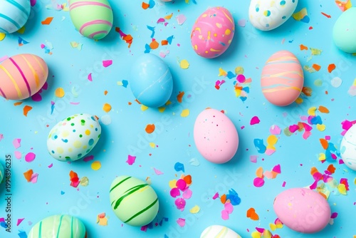 Colorful Eggs and Confetti Scattered on a Blue Background During a Spring Celebration
