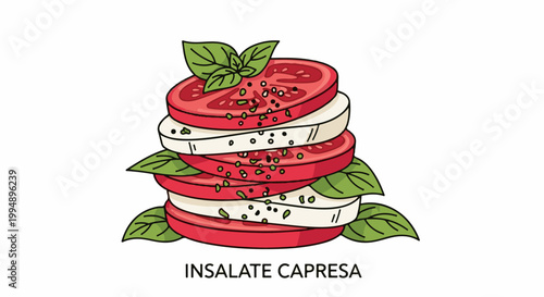 Stacked layers of sliced tomatoes and white cheese, garnished with basil leaves and seasonings
