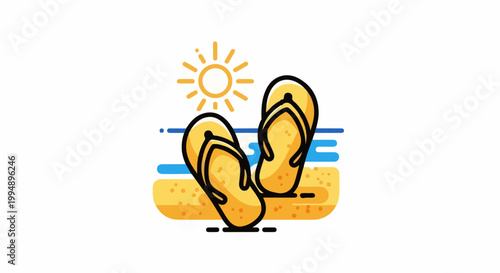 Stylized beach scene with yellow flip-flops, a sun, and blue ocean waves on sandy ground