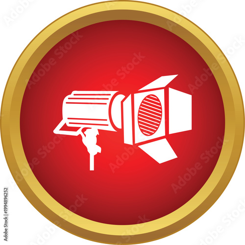 Stage spotlight icon on a red button with golden border representing entertainment and cinema