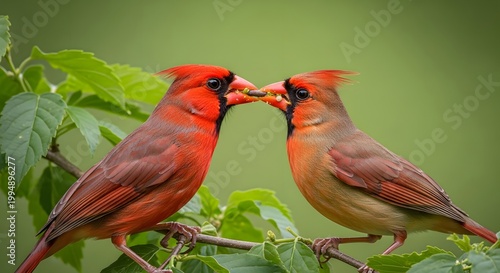 Two Northern Cardinals sharing a moment on a leafy branch.