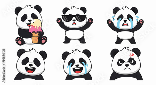 Six cute cartoon pandas express a range of emotions, from joy and sadness to anger and cool indifference