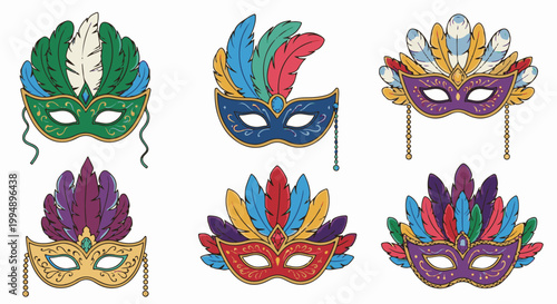 Six decorative masks with vibrant feathers and ornate patterns