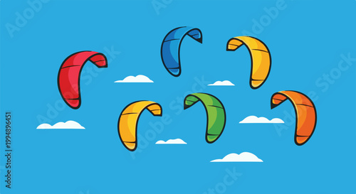 Six colorful kites soar in a bright blue sky with scattered white clouds