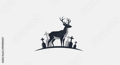 Stag silhouette standing in a graveyard with tombstones and crosses