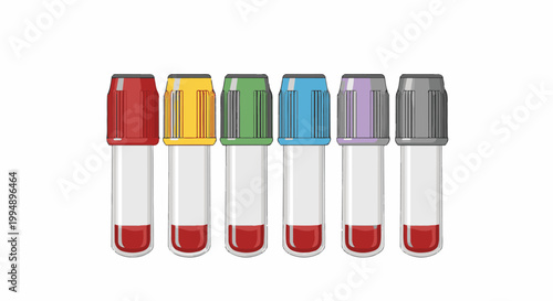 Six colorful-capped blood collection tubes with red liquid
