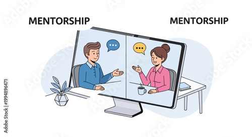 Virtual Business Mentorship and Career Coaching Illustration for Online Professional Development and Remote Training