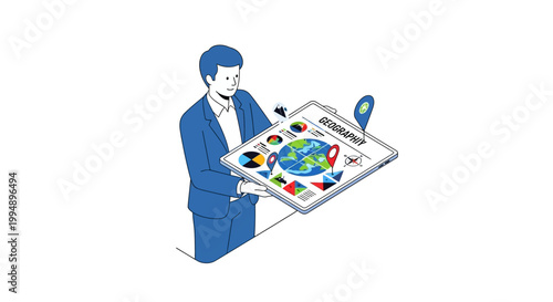Modern Educator or Professional Holding Digital Tablet with Geography Interface and Global Spatial Data Analytics