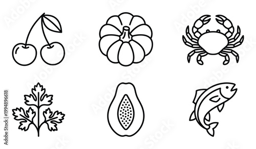 Fresh produce and seafood icons featuring cherries pumpkin crab papaya and fish line art vegetable cherries collection