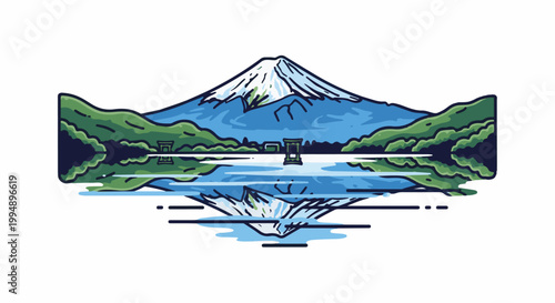 Snow-capped peak reflects in tranquil water, flanked by lush green hills under blue sky