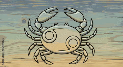 Stylized crab with astrological symbol on wood grain background