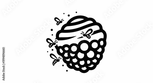 Stylized black and white image of bees buzzing around a hive shaped like a raspberry