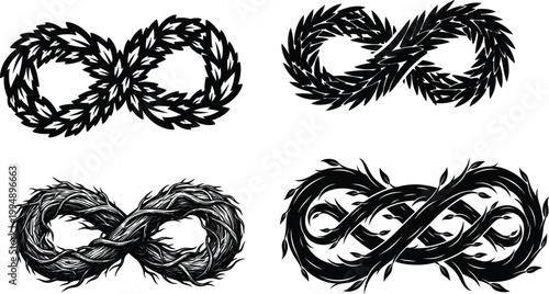 Four stylized infinity symbols made of organic leaves and branches vector illustration