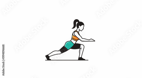 Stylized figure performing a forward lunge exercise, white background