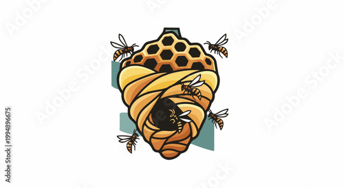 Stylized bees swarm around a honey-colored hive structure against a white background