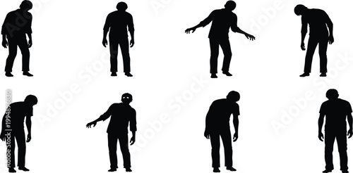 Professional vector illustration of business people silhouettes featuring a standing team and a walking businessman alongside a black shadow art of a family and sport silhouettes