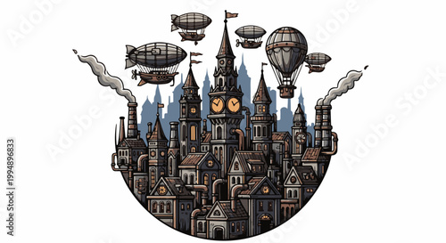 Steampunk city with blimps and hot air balloons floating above industrial buildings