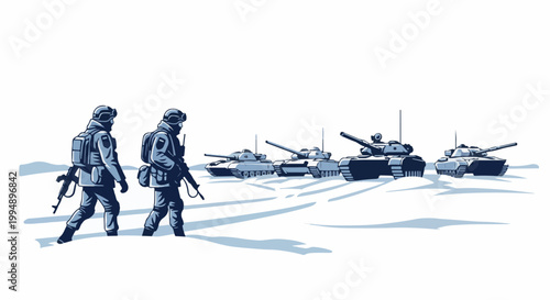 Soldiers in snow walk towards a line of parked tanks under a bright sky