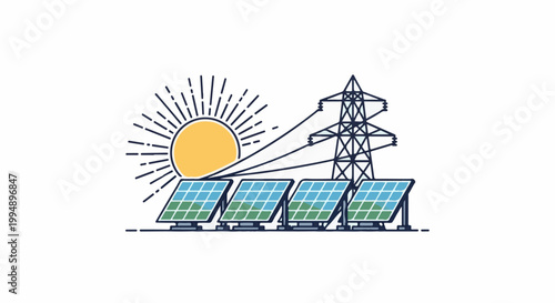 Solar panels and a sun-powered electrical tower generate clean energy