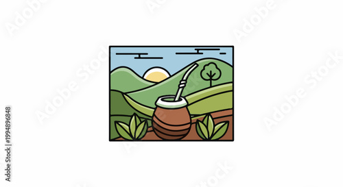 Stylized countryside scene with mate gourd and sun over rolling hills
