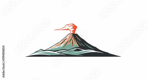Stylized depiction of a conical volcano erupting with smoke and lava flows