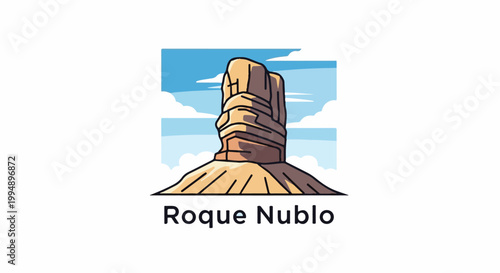 Stylized cartoon illustration of a tall, layered rock formation against a blue sky with clouds