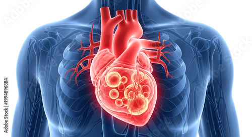 A medical illustration of a human heart with a tumor or cysts inside, surrounded by the skeletal system and blood vessels.