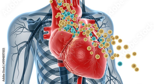 A medical illustration of a human heart with cholesterol molecules flowing through the cardiovascular system.