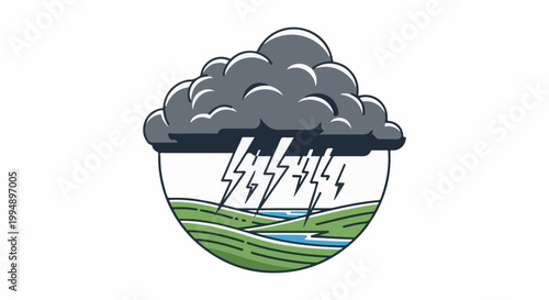 Stormy landscape with dark clouds, lightning, and rolling green hills with water