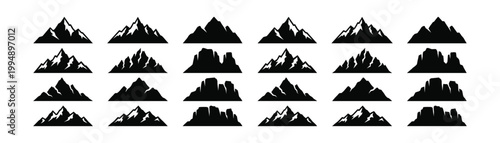 Collection of vector mountain silhouette illustrations isolated on transparent background, graphic design elements.