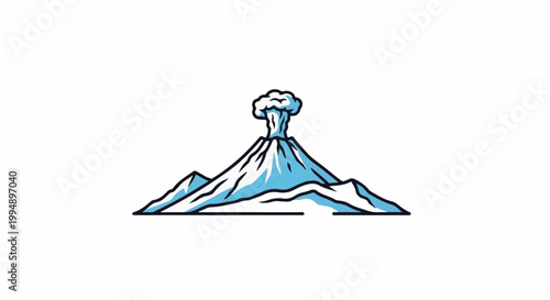 Stylized cartoon volcano erupting with smoke and snow-capped peaks