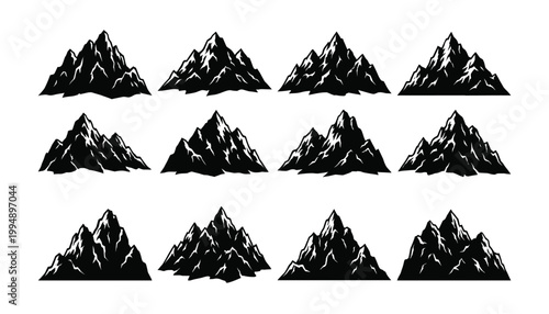 Detailed vector mountain range illustrations on transparent background, graphic design elements.