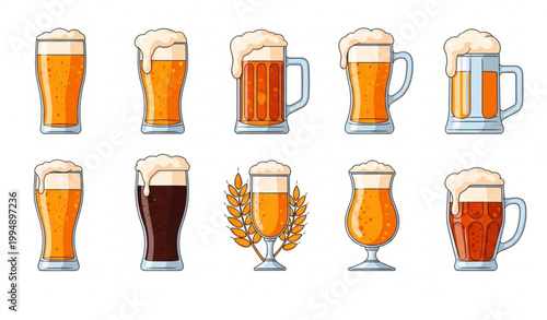 Different beer glasses vector set with pint mug lager and ale drinks