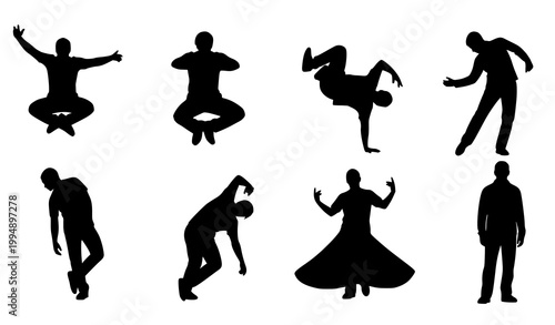 Male dancer silhouette set with jumping breakdance and performance poses isolated on white background