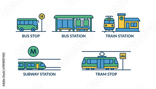 Public transport station icons set, vector illustration on transparent background.