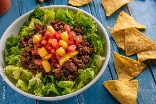 Taco Salad With Ground Beef, Tomatoes, Mango, and Tortilla Chips on Blue Wood...
