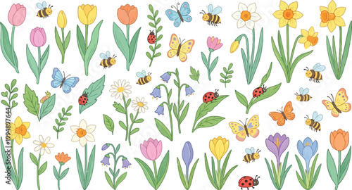 Assorted spring elements including tulips daffodils crocuses ladybugs butterflies and bees on transparent background.