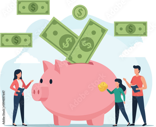 Woman with folder next to piggy bank, financial planning vector illustration