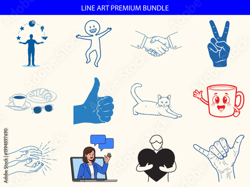 Set of hand drawn line art icons featuring people animals and hand gestures