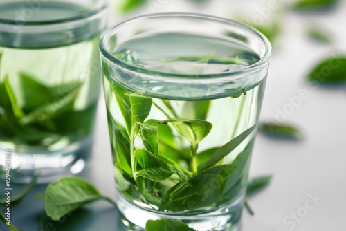Fresh Leaves Steeped in Warm Water in Two Clear Glasses on a Light Surface