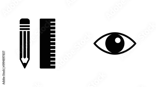 Design tools icon: pencil and ruler with eye symbol measurement observation illustration creative education