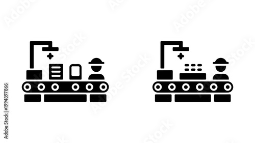 Factory production line with worker and conveyor belt icon industrial process production conveyor manufacturing