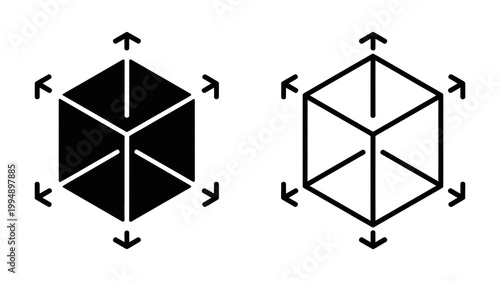 3D cube icon with dimensions and arrows dimensions measurement geometric mathematics geometry isolated technology