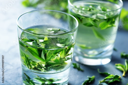 Fresh Leaves Steeped in Warm Water in Two Clear Glasses on a Light Surface