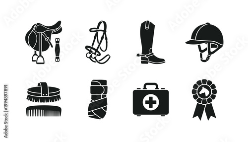 Equestrian equipment icons set saddle bridle boots helmet brush bandage first aid kit vector transparent.