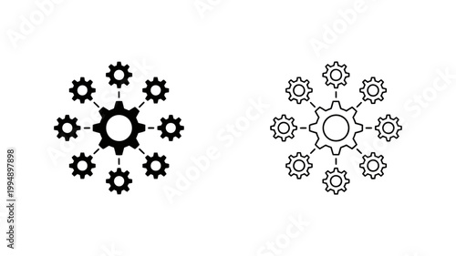 Central gear connected to smaller gears icon representing system integration with integration connected mechanism